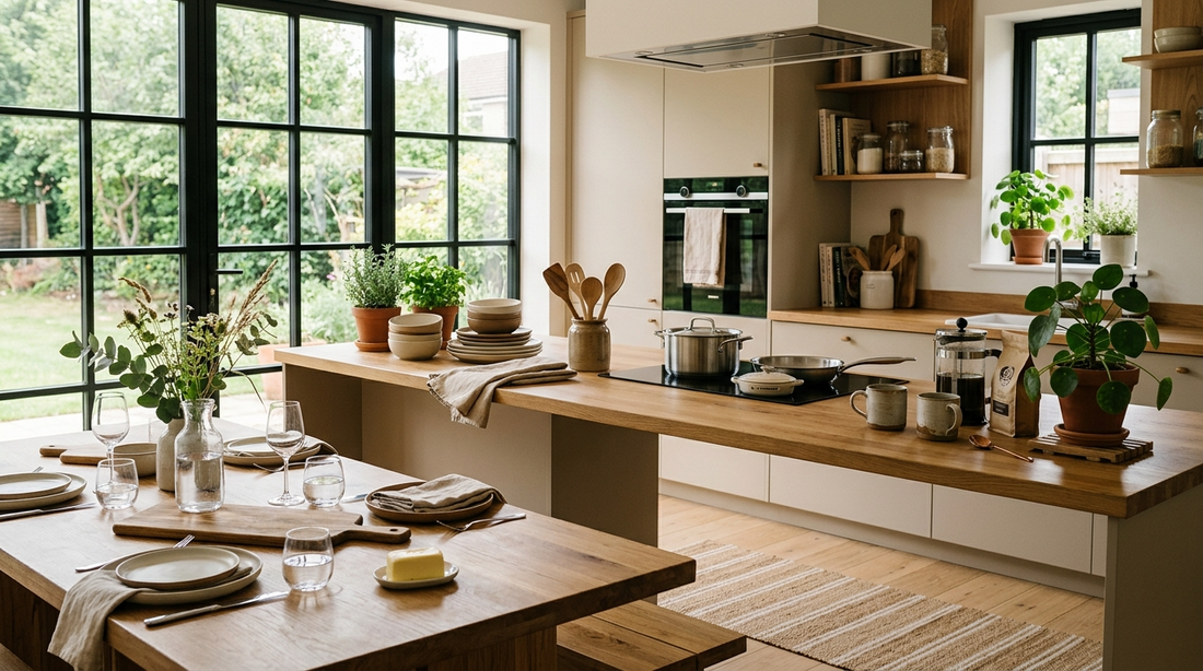 Warm and functional modern kitchen with natural wood accents, neutral dinnerware, and everyday cooking essentials in soft natural light