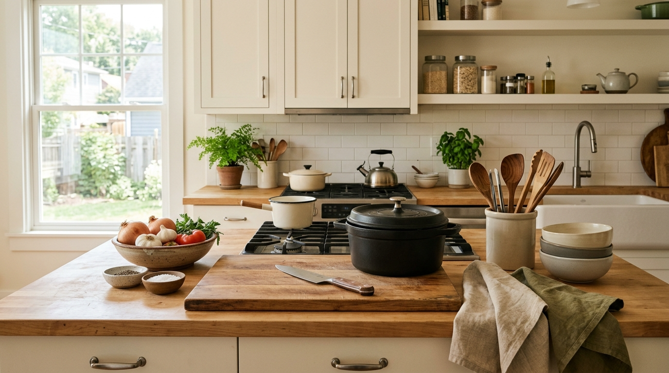 Modern everyday kitchen with natural wood countertops, cookware, ceramic bowls, and cooking utensils in warm morning light