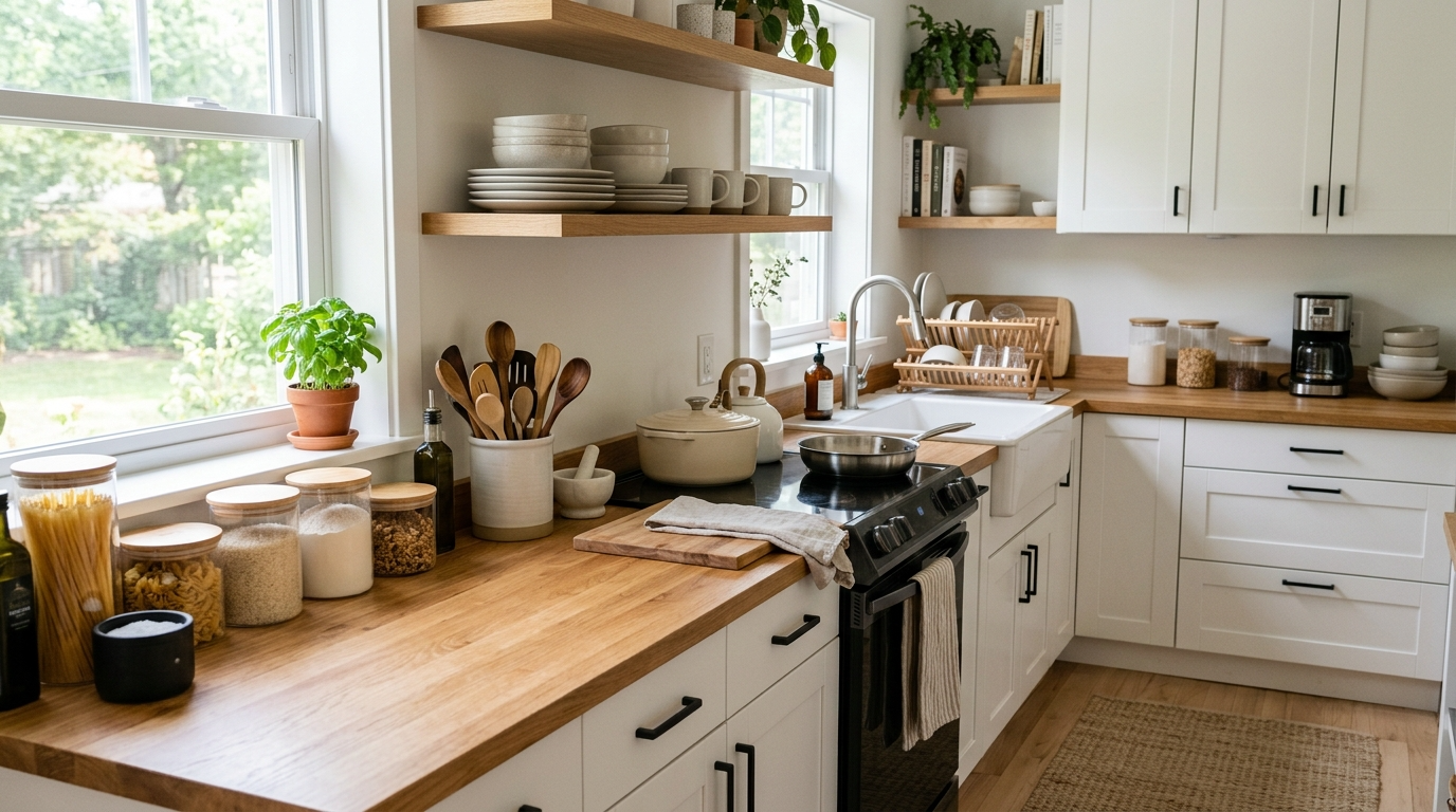 Bright organized kitchen with wooden countertops, ceramic dinnerware, cookware, and everyday kitchen essentials in natural daylight