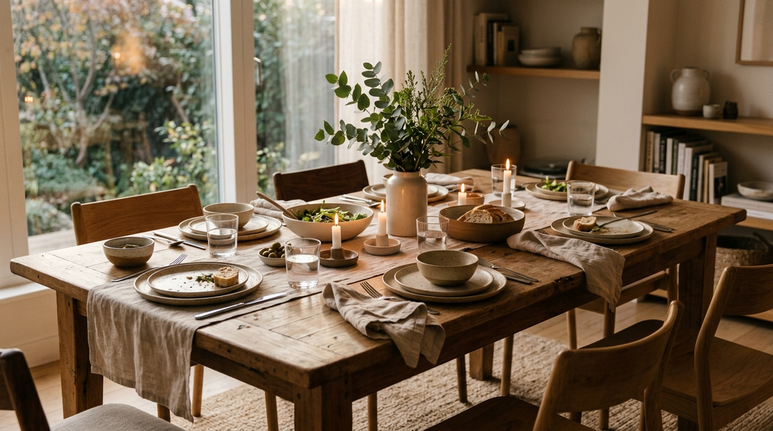 Warm casual family dinner table with neutral dinnerware, linen napkins, candles, and natural wooden textures in a cozy modern dining space