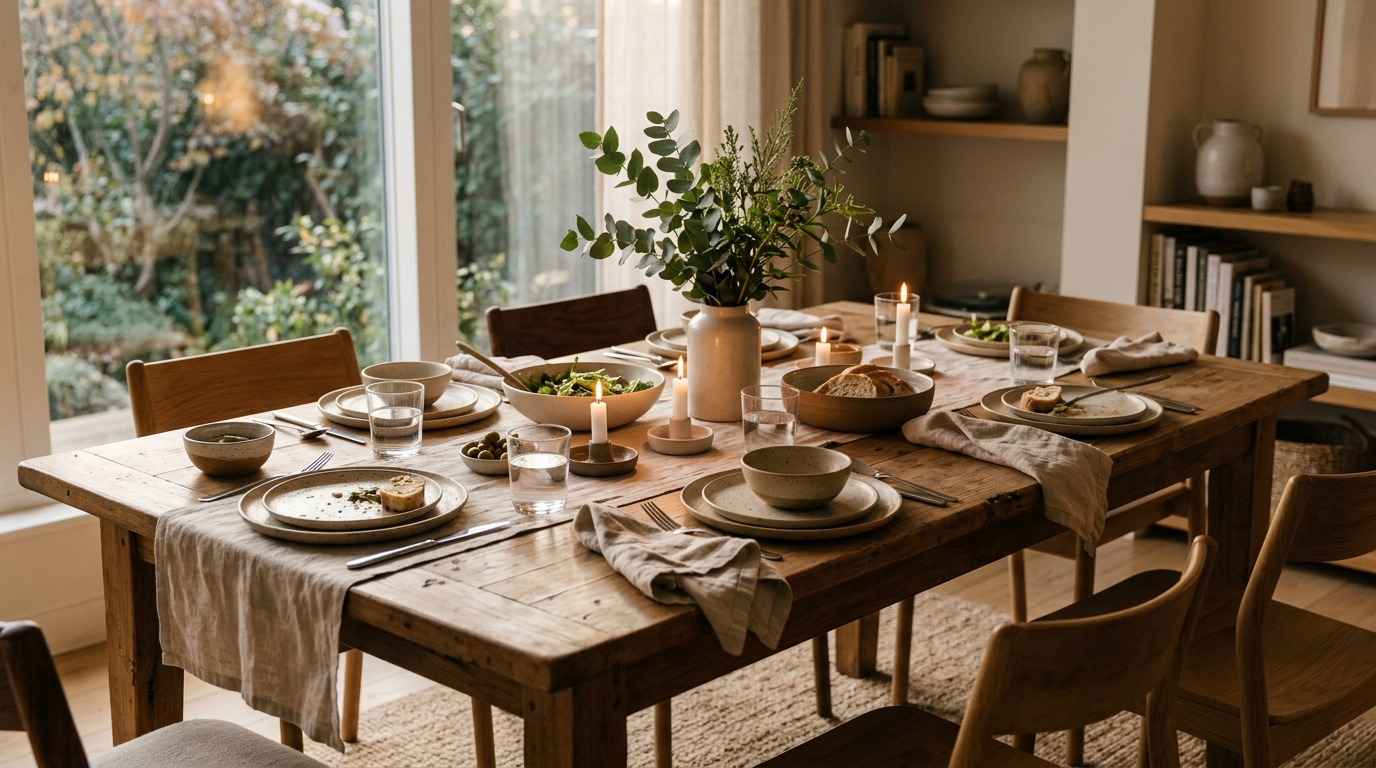 Warm casual family dinner table with neutral dinnerware, linen napkins, candles, and natural wooden textures in a cozy modern dining space