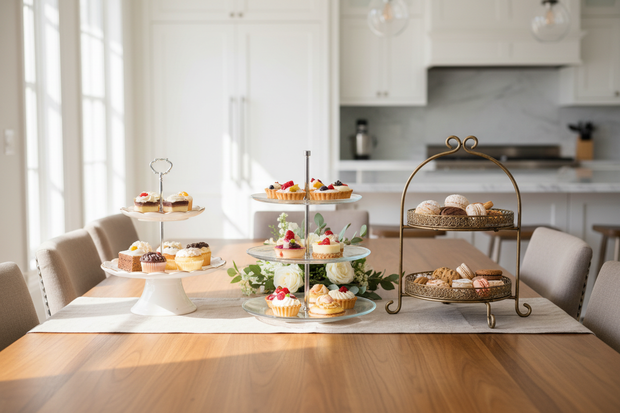 Elegant cake stands displaying cupcakes and desserts on a modern kitchen table with soft natural lighting