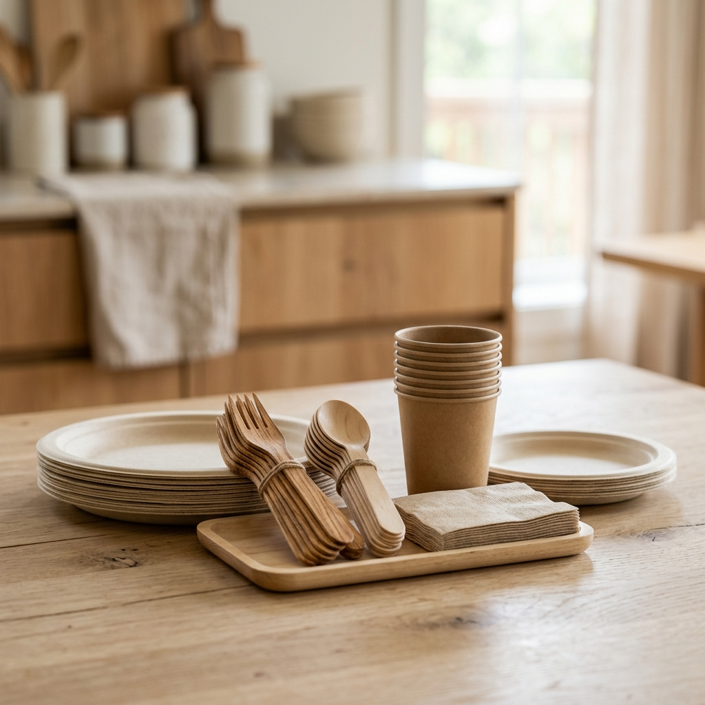 Eco-friendly disposable plates, paper cups, wooden cutlery, and napkins styled on a modern kitchen table