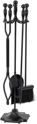 Modern Ember Cascade 5 Piece Fireplace Tool Set in Black | Includes Brush, Shovel, Fire Poker, Tongs, and Stand | Heavy Guage, Coated Steel | Heat-Resistant Plating | Sleek Rounded Handles