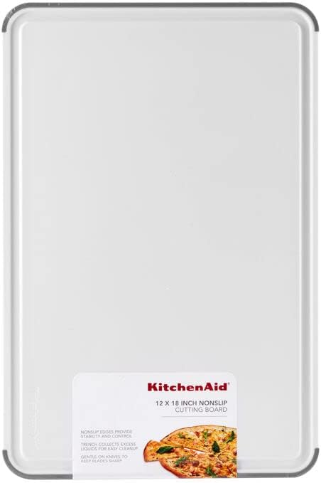 KitchenAid Classic Plastic Cutting Board with Perimeter Trench and Non Slip Edges, Dishwasher Safe, 12 inch x 18 inch, White and Gray