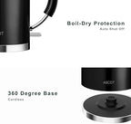 ASCOT Electric Kettle, Electric Tea Kettle Hot Water Kettle Stainless Steel Kettle 1.6L 1500W Retro Tea Heater & Boiling Water, Auto Shut-Off and Boil-Dry Protection (Black)
