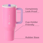 HydroJug Traveler - 40 oz Water Bottle with Handle & Flip Straw - Fits in Cup Holder, Leak Resistant Tumbler-Reusable Insulated Stainless Steel & Rubber Base - Gifts for Women & Men, Pink Sugar