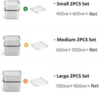 CuBE Medium 2PCS Set 1000ml 650ml Stainless Steel Food Storage Containers With Lids and a Net Kitchen Appliances Dishwasher Safe Premium South Korea