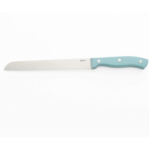 Oster Evansville 14 Piece Stainless Steel Cutting Kitchen Knife Cutlery Set with Wooden Block Holder and Knife Sharpener, Turquoise