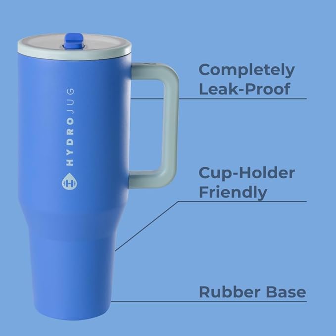 HydroJug Traveler - 32 oz Water Bottle with Handle & Flip Straw - Fits in Cup Holder, Leak Resistant Tumbler-Reusable Insulated Stainless Steel & Rubber Base - Gifts for Women & Men, Riptide
