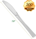 FOCUSLINE 300 Pack Disposable Silver Plastic Knives, Solid and Durable Plastic Cutlery Knives, Heavy Duty Disposable Utensil Silverware for Catering, Parties, Dinners, Weddings