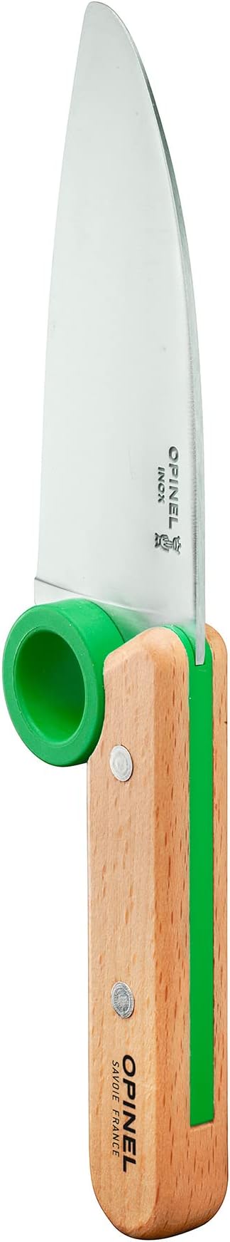 OPINEL Le Petit Chef Complete 3 Piece Kitchen Set, Chef Knife with Rounded Tip, Fingers Guard, Peeler, For Children and Teaching Food Prep and Kitchen Safety, Made in France (GREEN)