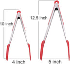 Cooking Tongs 9 inches and 12 inches Stainless Steel Kitchen Silicone Serving Tong Heat Resistant Meat Turner Spatula Tong Fish Tongs with Locking Handle Joint (Red)