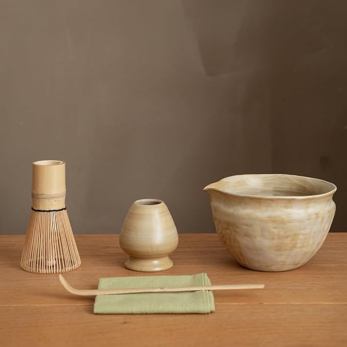 6-pcs Japanese Matcha Whisk Set with Handmade Wabi-Sabi Ceramic Bowl(Chawan),Bamboo Chasen, Whisk Holder, Scoop, Sifter & Tea Towel,Matcha Ceremony Kit,(Sandstone Reactive Glaze)
