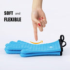 Kitchen Oven Gloves - Dual-Layer Heat Resistant Grilling Gloves, Silicone Oven Mitts with 5 Fingers, Waterproof Non-Slip Pot Holder for Barbecue, Cooking, Baking (Small, Blue)