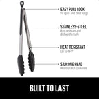 GORILLA GRIP Stainless Steel Heat Resistant Kitchen Tongs for Cooking, Set of 2 BBQ Tong, Non Scratch Silicone Tip for Pans, Strong Grip, Grab Food, Toss Salad, Air Fryer, Pull Lock, 7 + 9 Inch, Black