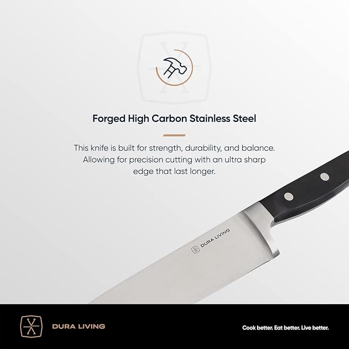 DURA LIVING 3-Piece Kitchen Knife Set – Ultra-Sharp Forged High Carbon Stainless Steel, Includes 8" Chef, 5" Utility, 3.5" Paring Knives, Ergonomic Handles, Professional Starter Set, Black