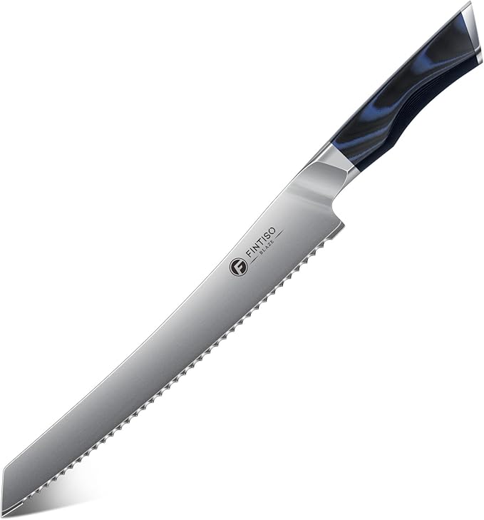 FINTISO Bread Knife 10 Inch, Serrated Bread Cutter with Razor Sharp Japanese High Carbon Stainless Steel Blade & G10 Ergonomic Handle, Wavy Edge Knife for Bread, Cake & Pastries, Ideal Baking Gift