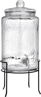 HC Classic Hammered Glass Ice Cold Beverage Drink Dispenser - 3 Gallon, With Glass Lid and Antique Metal Stand, 100% Leak Proof Spigot- Wide Mouth Easy Filling For Outdoor, Parties & Daily Use