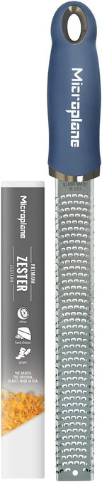 Microplane Premium Zester Grater in Denim Blue | Lemon Zester tool, Hard Cheese & Vegetable Grater | For Citrus, Parmesan Cheese, Garlic, Ginger, Nutmeg | Fine Stainless Steel Blade, Made in USA