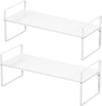 iPEGTOP Expandable Cabinet Storage Shelf Organizer Rack, 2 Pack Heavy Duty Steel Metal Spice Rack Adjustable Height Garage Pantry Shelf Space Riser for Counter Kitchen Organization, White