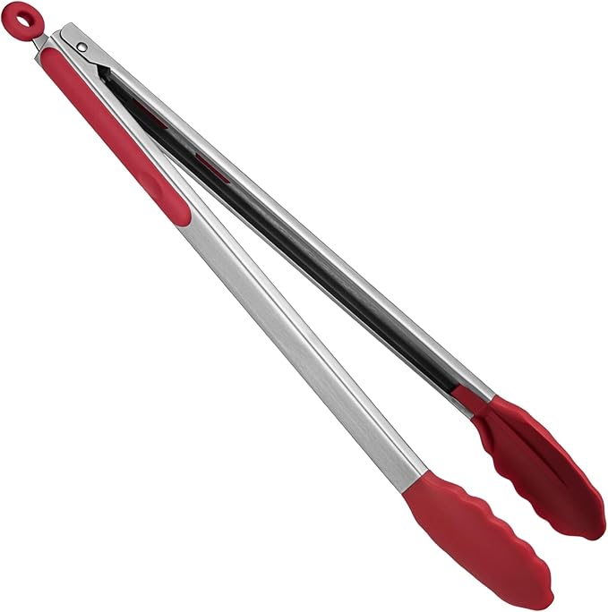 Heat Resistant Silicone Kitchen Tong: U-Taste 16 inch Extra Long Large 480ºF Hot Proof Cooking Tong with Sturdy Non Stick Rubber Tips & Non Slip Silicon Coated Steel Handle for Grilling BBQ (Red)