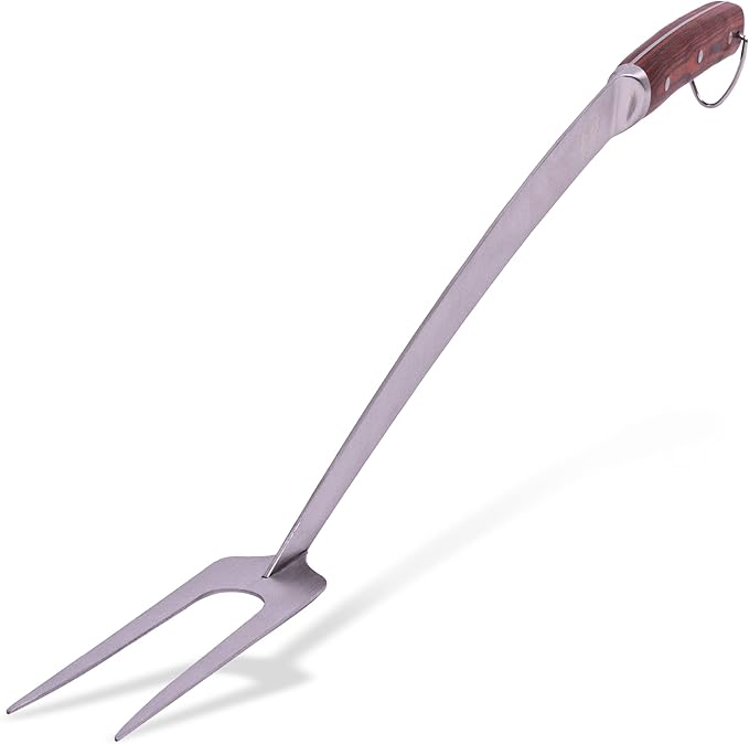 Grill Fork 24-inch Super Long for Grilling Barbecue Griddle and Fire Pit Extra Strong Curved Neck Premium Hardwood Handle Large Stainless Steel Tines for BBQ Outdoor Kitchen and Grilled Food
