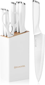 White Knife Set with Block, 7 Pieces Small Knife Block Set with Stainless Steel Blade Ergonomic Handle, Kitchen Knives Set Gifts for chef