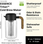 LAFEECA Cold Brew Coffee Maker - Iced Tea Brewer with Airtight Lid - Stainless Dual Ultra Filter - Tritan Pitcher - 1500 ml / 51 oz - Black