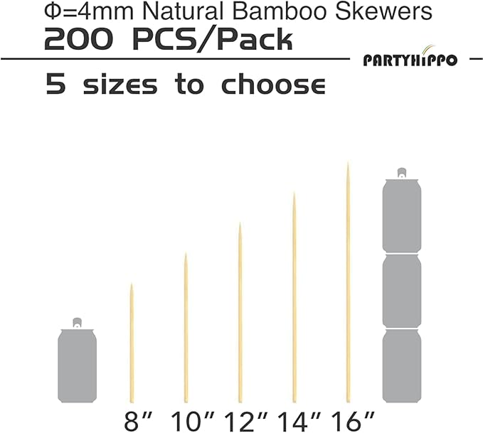 PARTYHIPPO 8 Inch Natural Bamboo Skewers, 4mm Thick, 200 Pack – BBQ Kabob Sticks for Grilling, Fruit, Chocolate Fountain, Crafts & Parties – More Size Choices /8"/10"/12"/14"/16"(8")