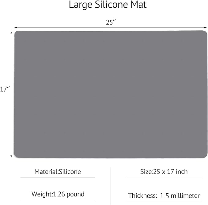 Gartful Silicone Mats for Kitchen Counter, Thicker 0.06", 25 x 17 inches Multipurpose Table Mat, Silicone Pad Desk Work Mat, Nonstick Nonskid Heat-Resistant Pad, Placemat, Dark Gray