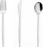 PULOTE 150PCS Silver Plastic Silverware Disposable - Heavy Duty Silver Plastic Cutlery Set - Plastic Utensils Set Include 50 Knives,50 Forks and 50 Spoons for Wedding,Party&Christmas