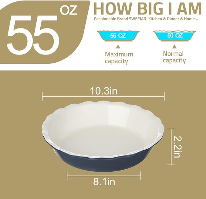Sweejar Ceramic Pie Pan - 10 Inch Round Baking Dish for Dinner, Non-Stick with Soft Wave Edge for Apple, Pumpkin, Pot Pies (Red)