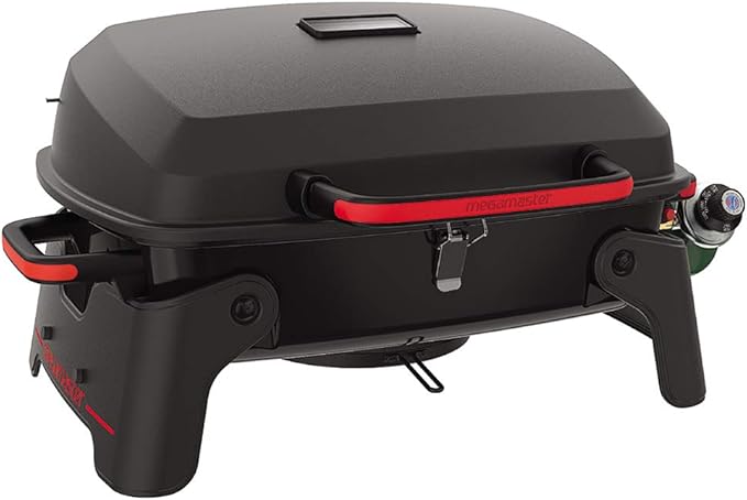Megamaster 820-0065C 1 Burner Portable Gas Grill for Camping, Outdoor Cooking , Outdoor Kitchen, Patio, Garden, Barbecue with Two Foldable legs, Red + Black