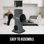GORILLA GRIP BPA-Free Rotary Cheese Grater Hand Crank, Easy to Set Up, Strong Suction Base for Kitchen Countertop, Shred Potato, Vegetable, Nuts in Seconds, Round Mandoline Slicer, 3 Blades, Gray