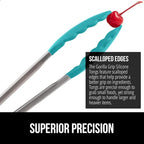 GORILLA GRIP Stainless Steel Heat Resistant Kitchen Tongs for Cooking, 9 + 12 Inch, Set of 2 BBQ Tong, Non Scratch Silicone Tip for Pan, Strong Grip, Grab Food, Salad, Air Fryer, Pull Lock, Turquoise