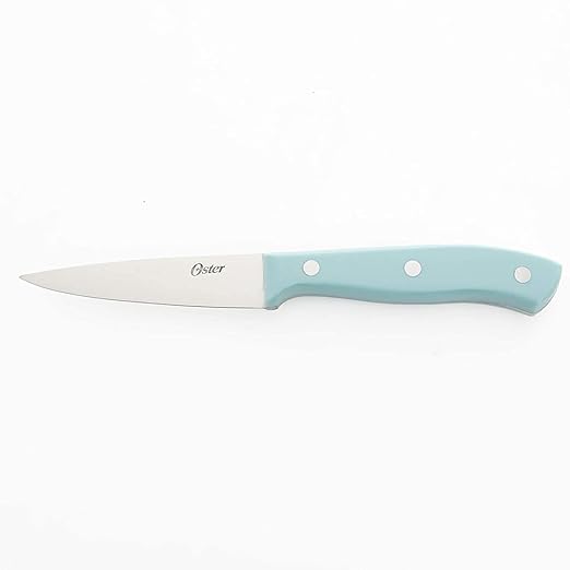 Oster Evansville 14 Piece Stainless Steel Cutting Kitchen Knife Cutlery Set with Wooden Block Holder and Knife Sharpener, Turquoise