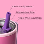 HydroJug Traveler - 40 oz Water Bottle with Handle & Flip Straw - Fits in Cup Holder, Leak Resistant Tumbler-Reusable Insulated Stainless Steel & Rubber Base - Gifts for Women & Men, Pink Sugar
