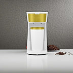 Holstein Housewares Personal Coffee Maker with 14oz Travel Mug – Compact One-Touch Brew Machine with Reusable Filter, Auto Shut-Off, Non-Stick Plate, Ideal for Home, Office, or Dorm. White & Gold