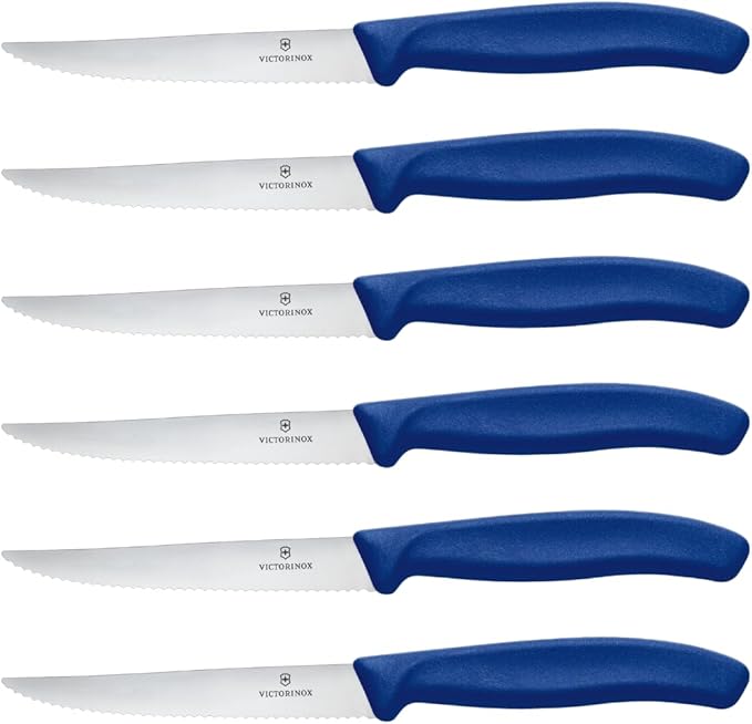 Victorinox 6.7232.6 Swiss Classic Steak Knife Set Ideal for Slicing a Wide Variety of Steak Cuts Wavy Edge Blade in Blue, Set of 6