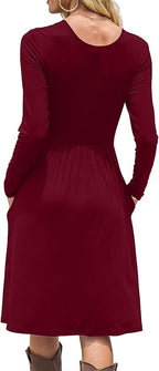 DB MOON Women Casual Long Sleeve Dresses Empire Waist Knee Length Loose Dress with Pockets