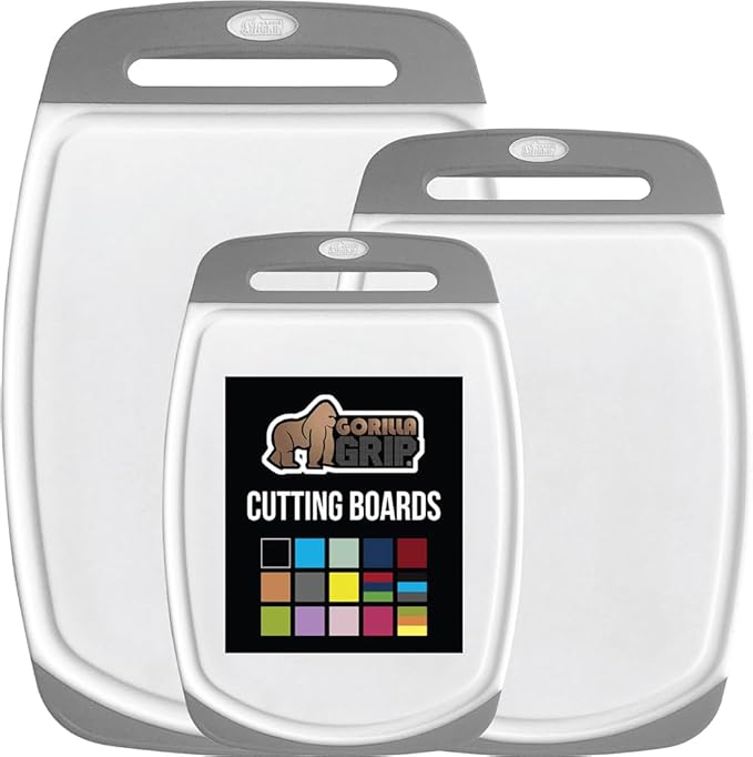 GORILLA GRIP BPA-Free Reversible Kitchen Cutting Board Set of 3, Nonporous, Juice Grooves to Catch Liquid, Slip Resistant Handle Border, Dishwasher Safe, Durable Large Food Chopping Boards, Gray
