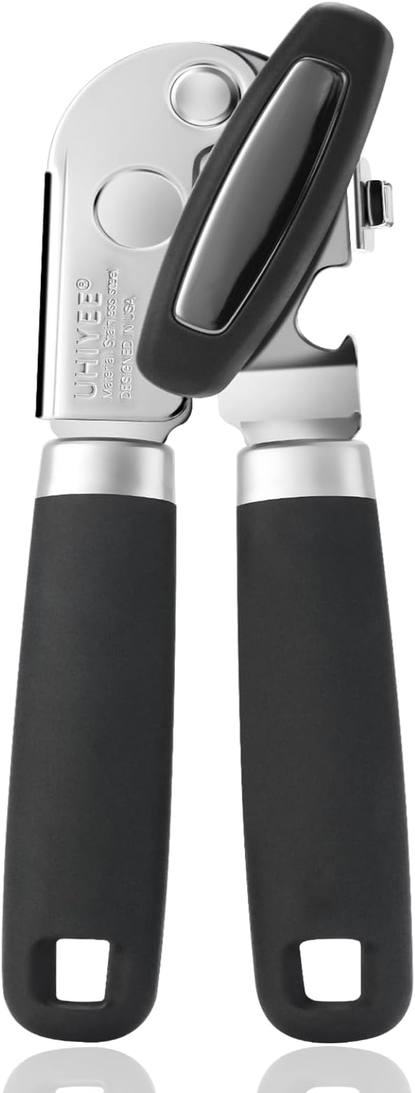 Manual Can Opener, UHIYEE Handheld Can Opener Heavy Duty with High Carbon Sharp Blade, Ease Can Open for Seniors with Comfort Grip Handles, Oversized Turn Knob, Black