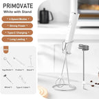 Rechargable Milk Frother, Handheld Drink Mixer with Whisk Attachment, 2025 upgraded, powerfull 3 speed motor, Type C charging with charge light, with extra egg mix head (White with Stand)