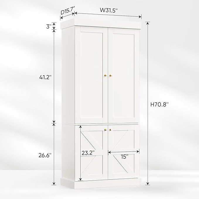 70.8" Tall Farmhouse Kitchen Pantry Cabinet with Doors, Modular Storage Cabinet with 4-Tier Adjustable Shelves, White, Wooden Hutch for Kitchen, Living Room, Set of 4