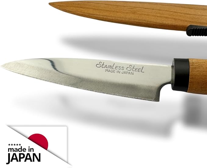 Japanese Paring Knife 4-Inch, High Carbon Stainless Steel Fruit Knife with Wooden Handle and Sheath, Small Utility Kitchen Knife for Peeling, Coring, Mincing, Made in Japan