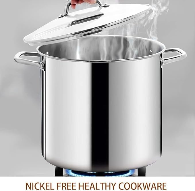 HOMICHEF 16 Quart LARGE Stock Pot with Glass Lid - NICKEL FREE Stainless Steel Healthy Cookware Stockpots with Lids 16 Quart - Mirror Polished Induction Cooking Pot
