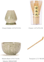 TANG PIN Matcha Set - Match Bowl with Spout and Whisk, 15 OZ, Matcha Scoop | Matcha Whisk Stand (Chasen Holder) - 4pc Perfect Matcha Kit for Matcha Tea Ceremony (Mottled Green)