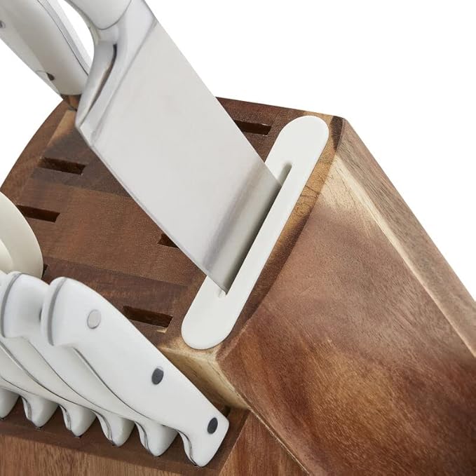 Sabatier 15-Piece Forged Triple Rivet Knife Block Set with Built-in Sharpener, High-Carbon Stainless Steel Kitchen Knives, Razor-Sharp Knife set with Acacia Block and Edgekeeper Technology, White