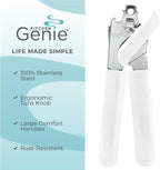 Kitchen Genie Heavy Duty Stainless Steel Manual Can Opener, Sharp Blade for Smooth Edge Cuts, Open Cans Easily, Slip-Resistant Ergonomic Handle, Easy to Turn Hand Knob, Built-In Bottle Openers, White